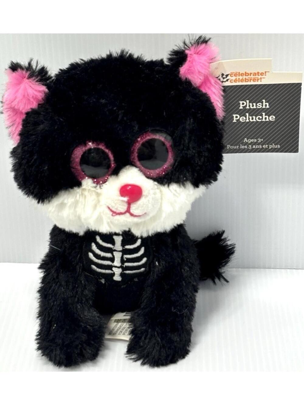 Celebrate! Skeleton Cat Plush Halloween Black Pink Glitter Eyes 6" Stuffed Toy